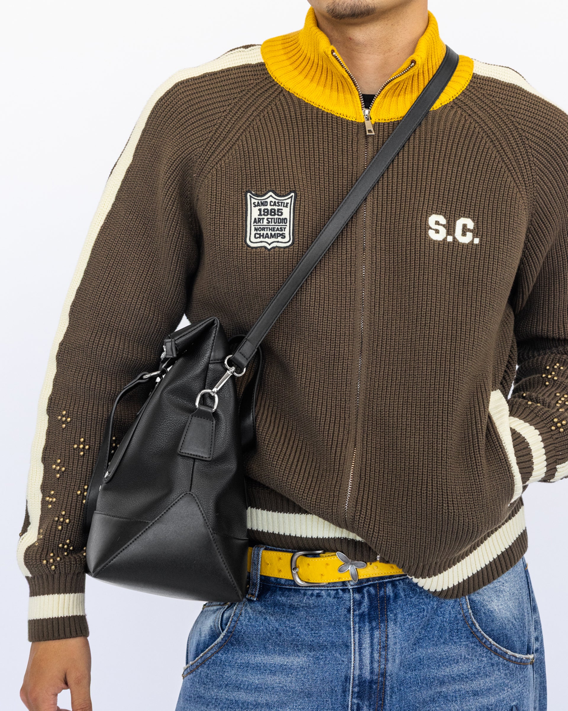 Atelier Bag in Coal, worn cross-body — Sand Castle Atelier