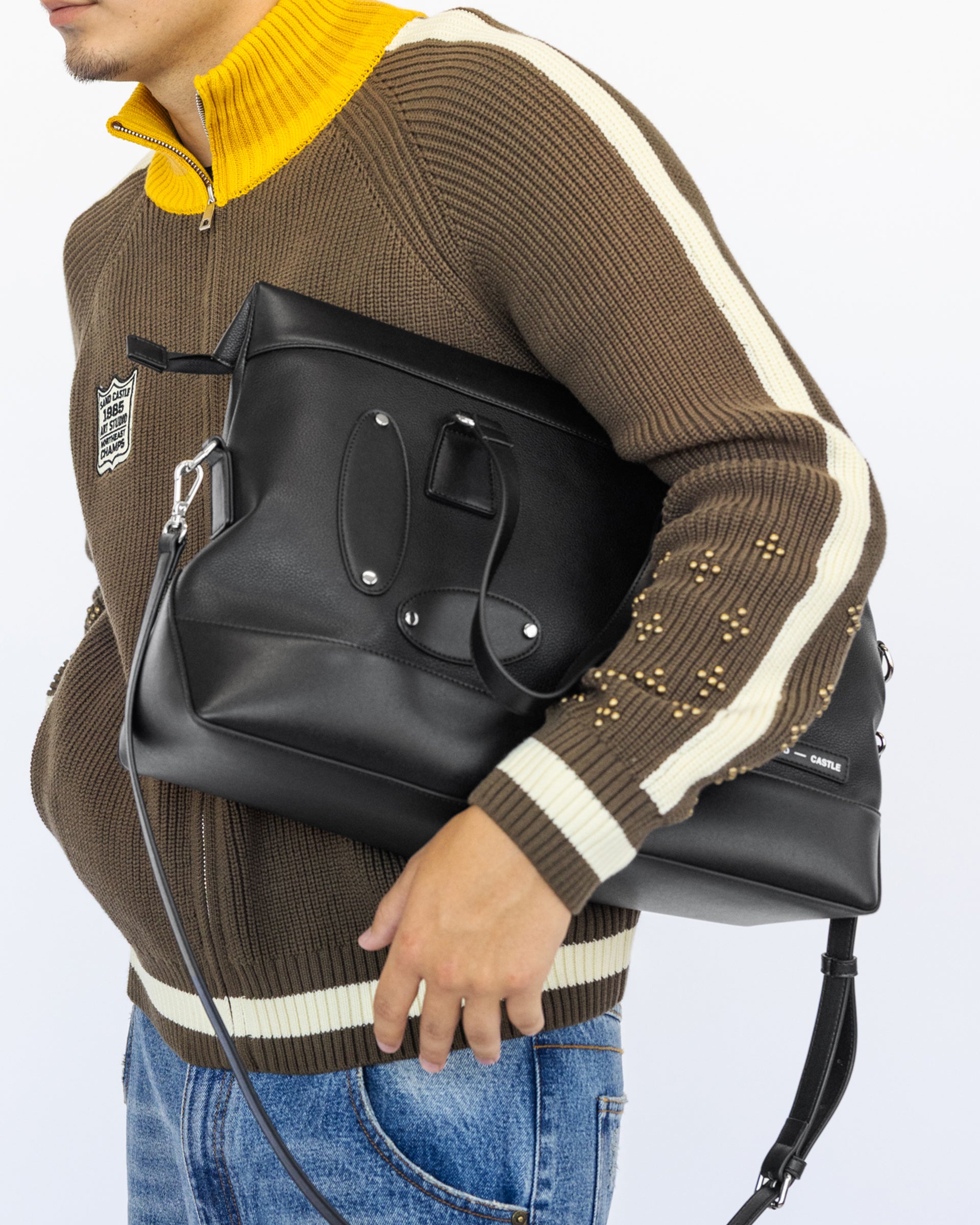 Atelier Bag in Coal, side view worn by model — Sand Castle Atelier