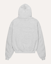 Heritage Pullover Hoodie in heather grey, back view — Sand Castle Atelier