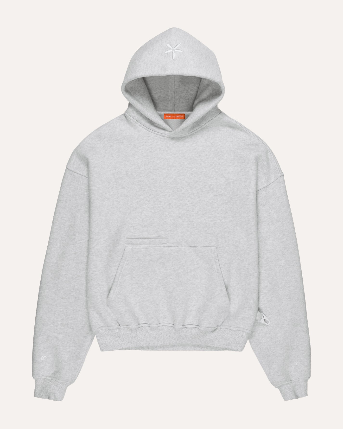 Heritage Pullover Hoodie in heather grey, front view — Sand Castle Atelier