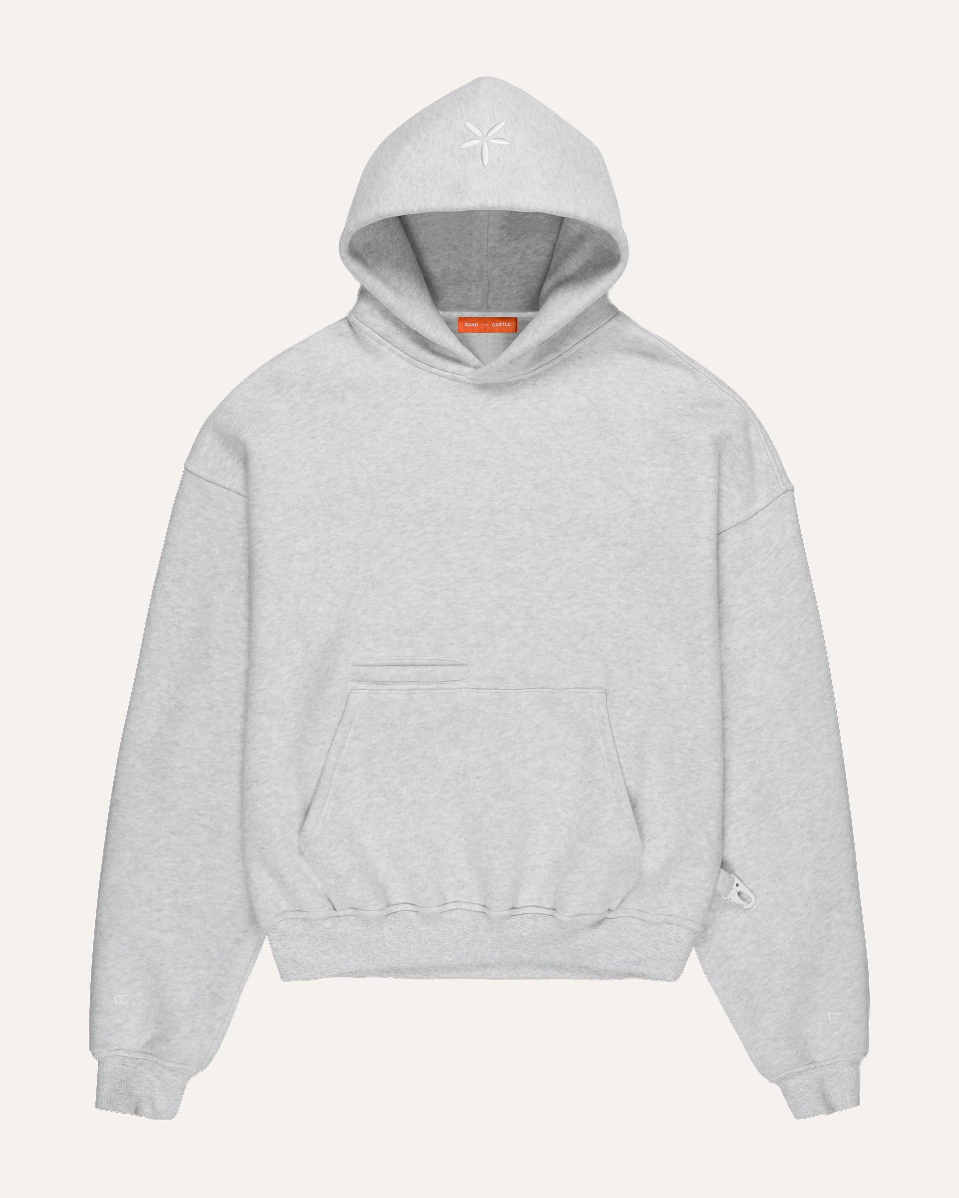 Heritage Pullover Hoodie in heather grey, front view — Sand Castle Atelier