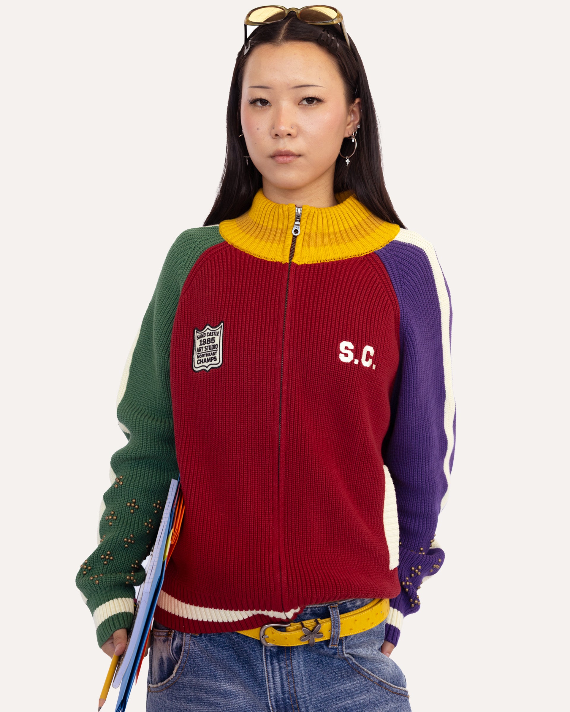 Coach Knit Sweater in Recess, front view on model — Sand Castle Atelier