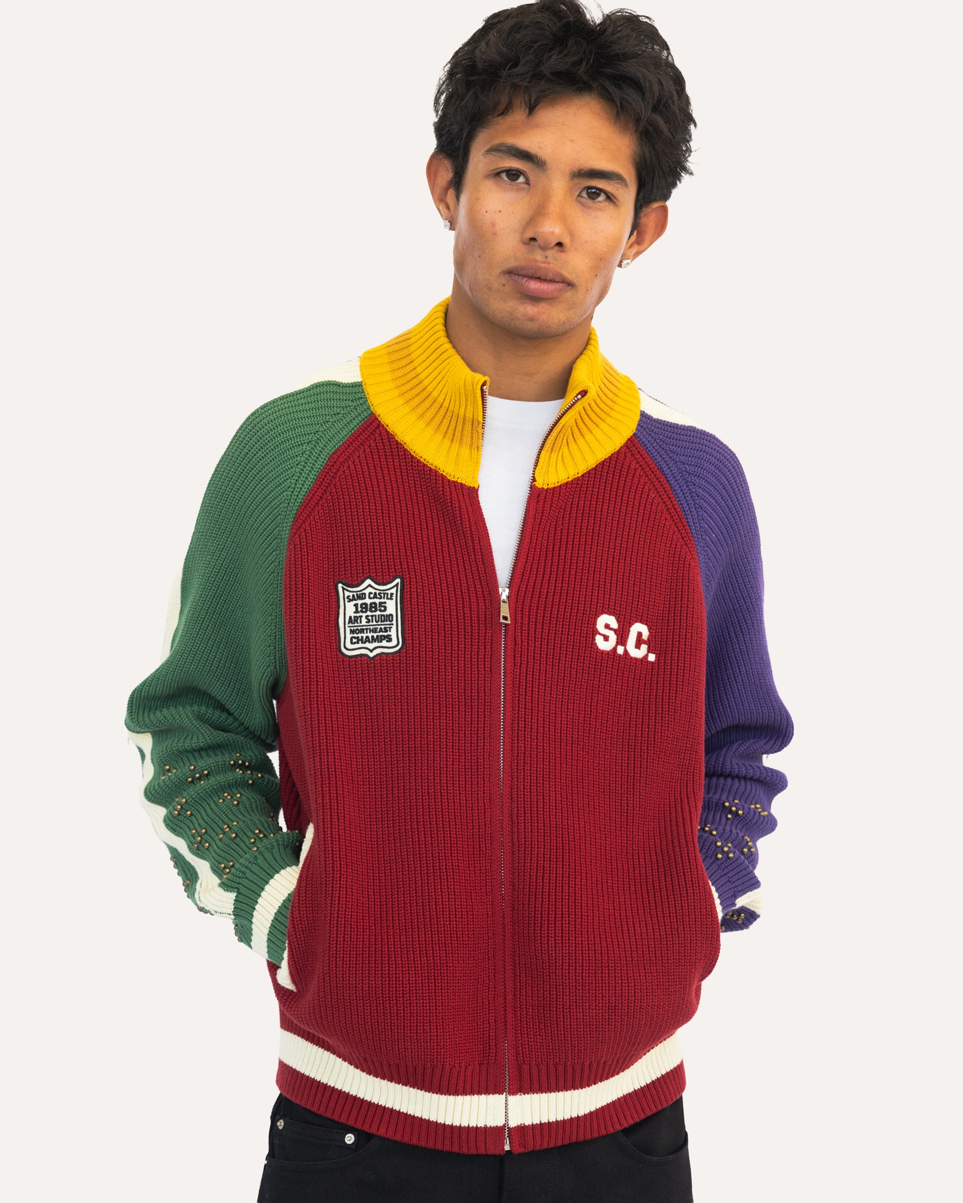 Coach Knit Sweater in Recess, front view on model — Sand Castle Atelier