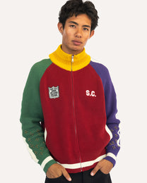 Coach Knit Sweater in Recess, zipped front view on model — Sand Castle Atelier