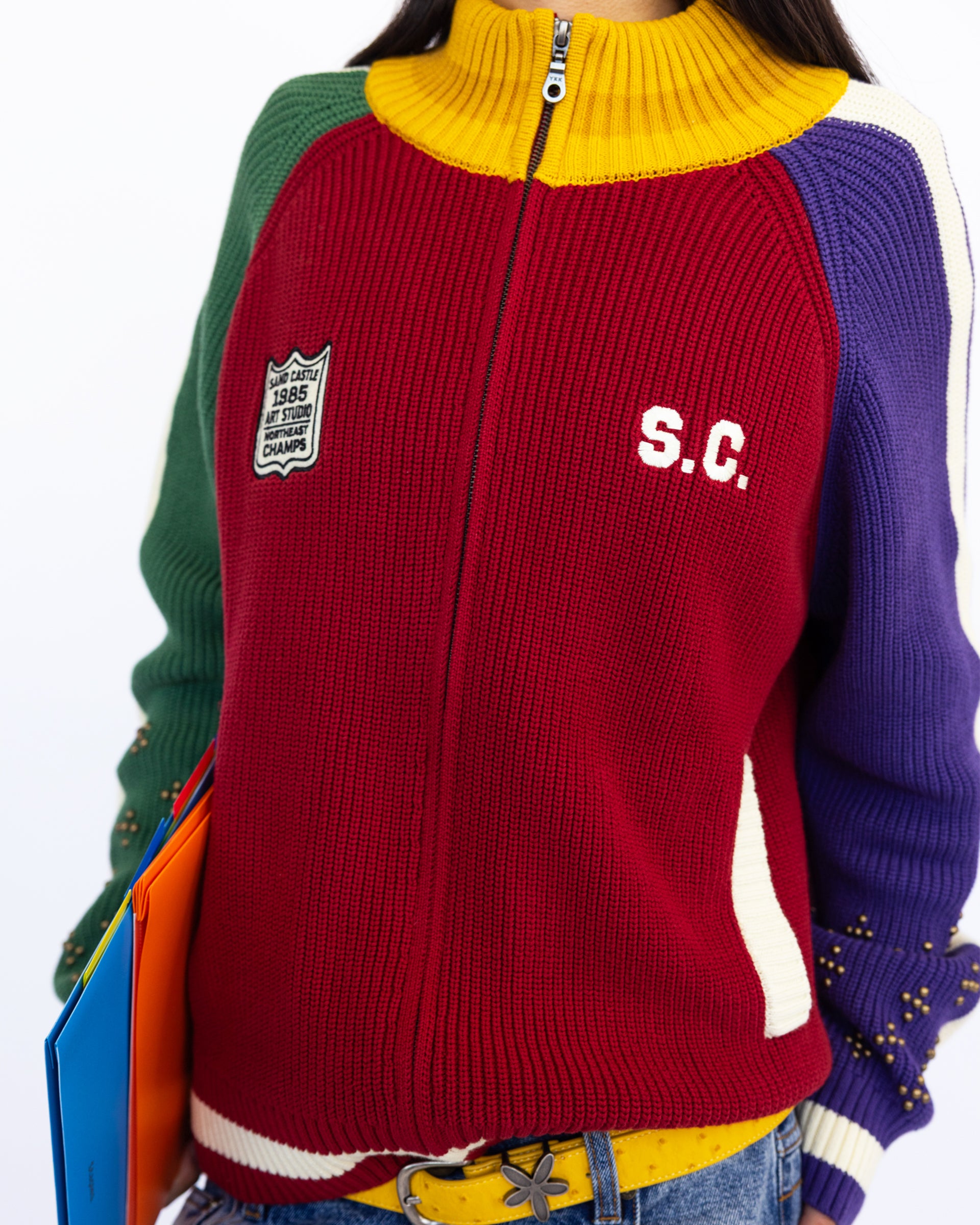 Coach Knit Sweater in Recess, close-up detail on model — Sand Castle Atelier