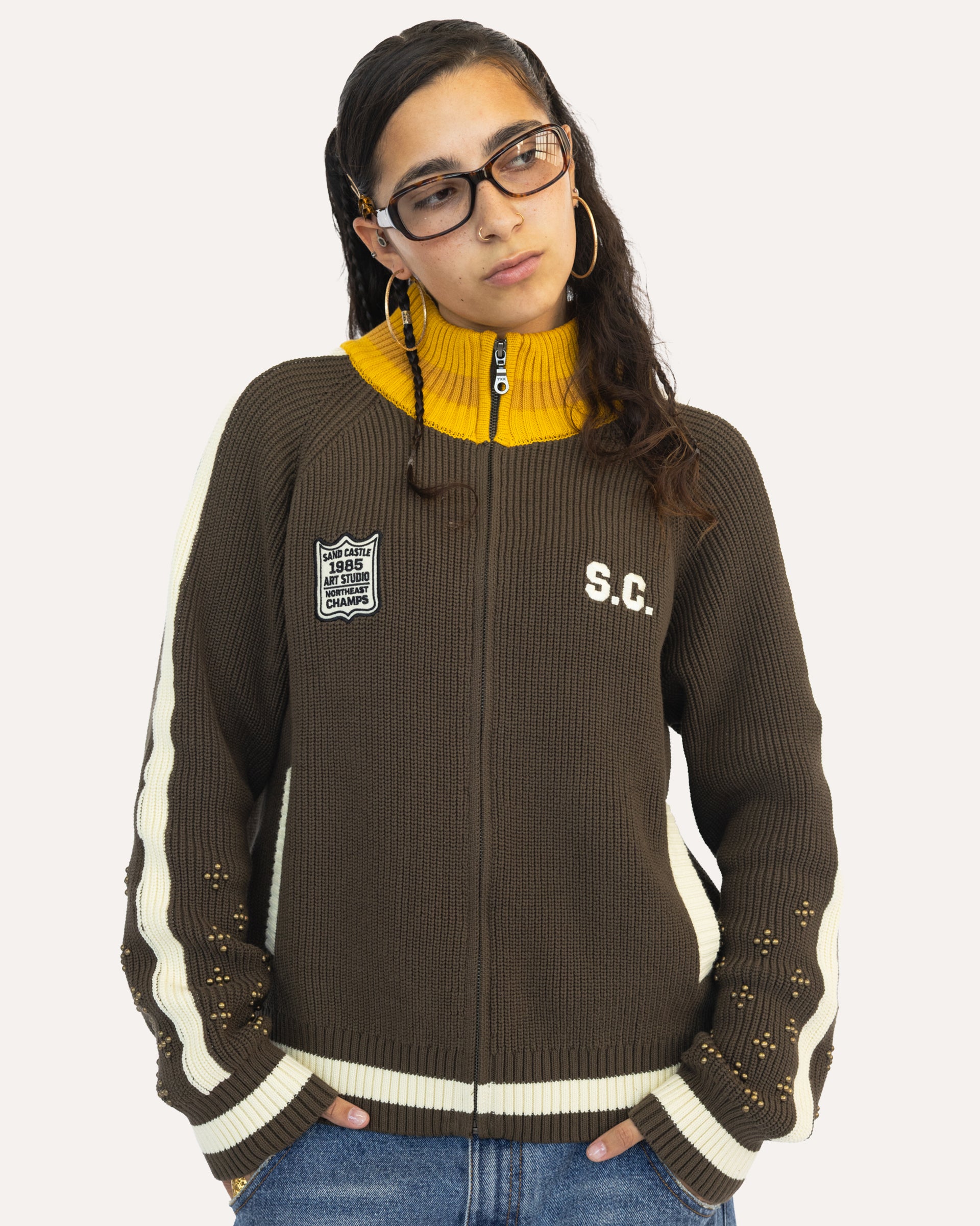 Coach Knit Sweater in Bark, zipped front view on model — Sand Castle Atelier
