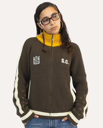 Coach Knit Sweater in Bark, zipped front view on model — Sand Castle Atelier