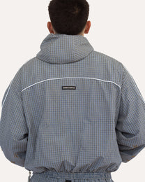 Weekday Plaid Jacket in Sky Plaid, back view on model — Sand Castle Atelier