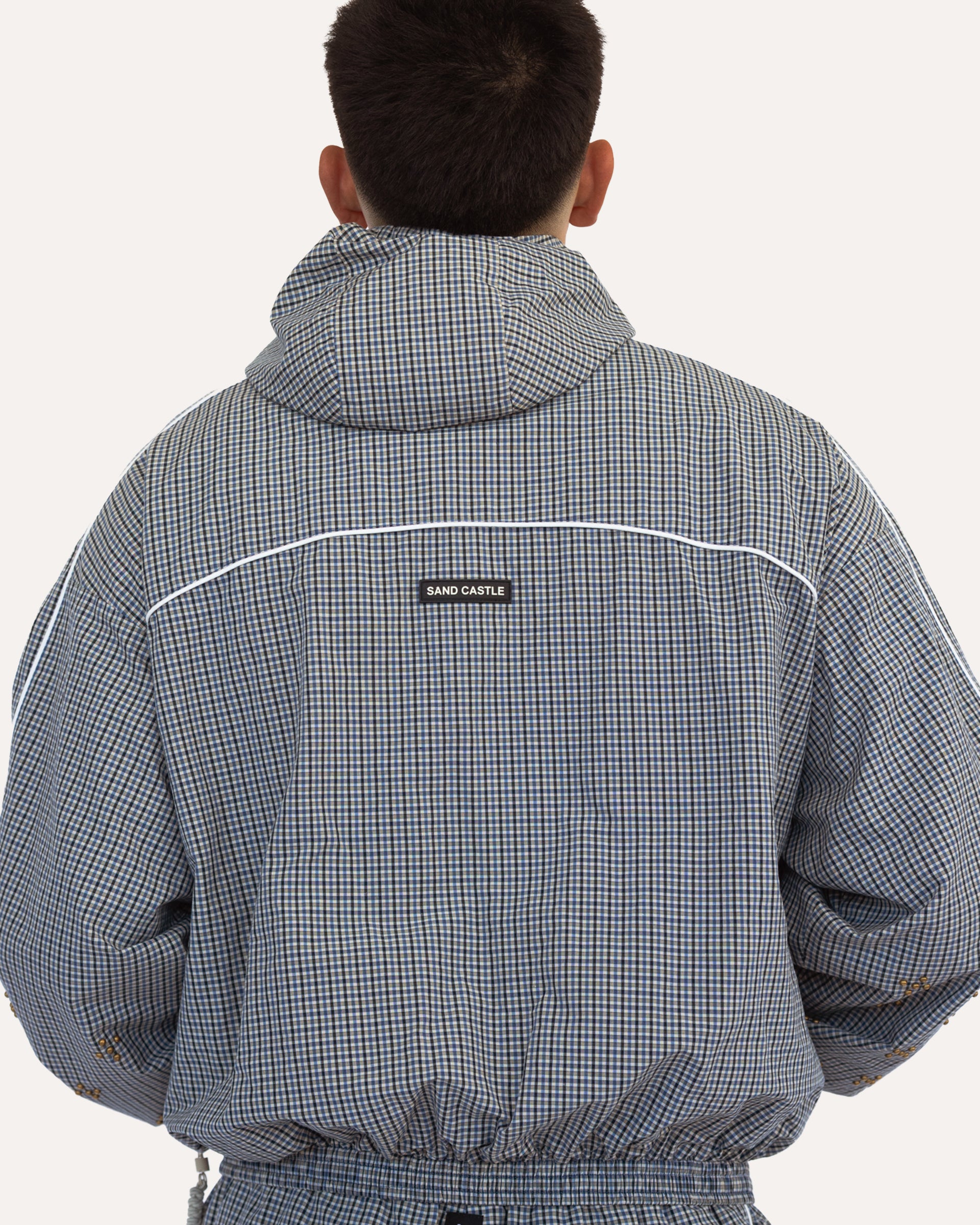 Weekday Plaid Jacket in Sky Plaid, back view on model — Sand Castle Atelier
