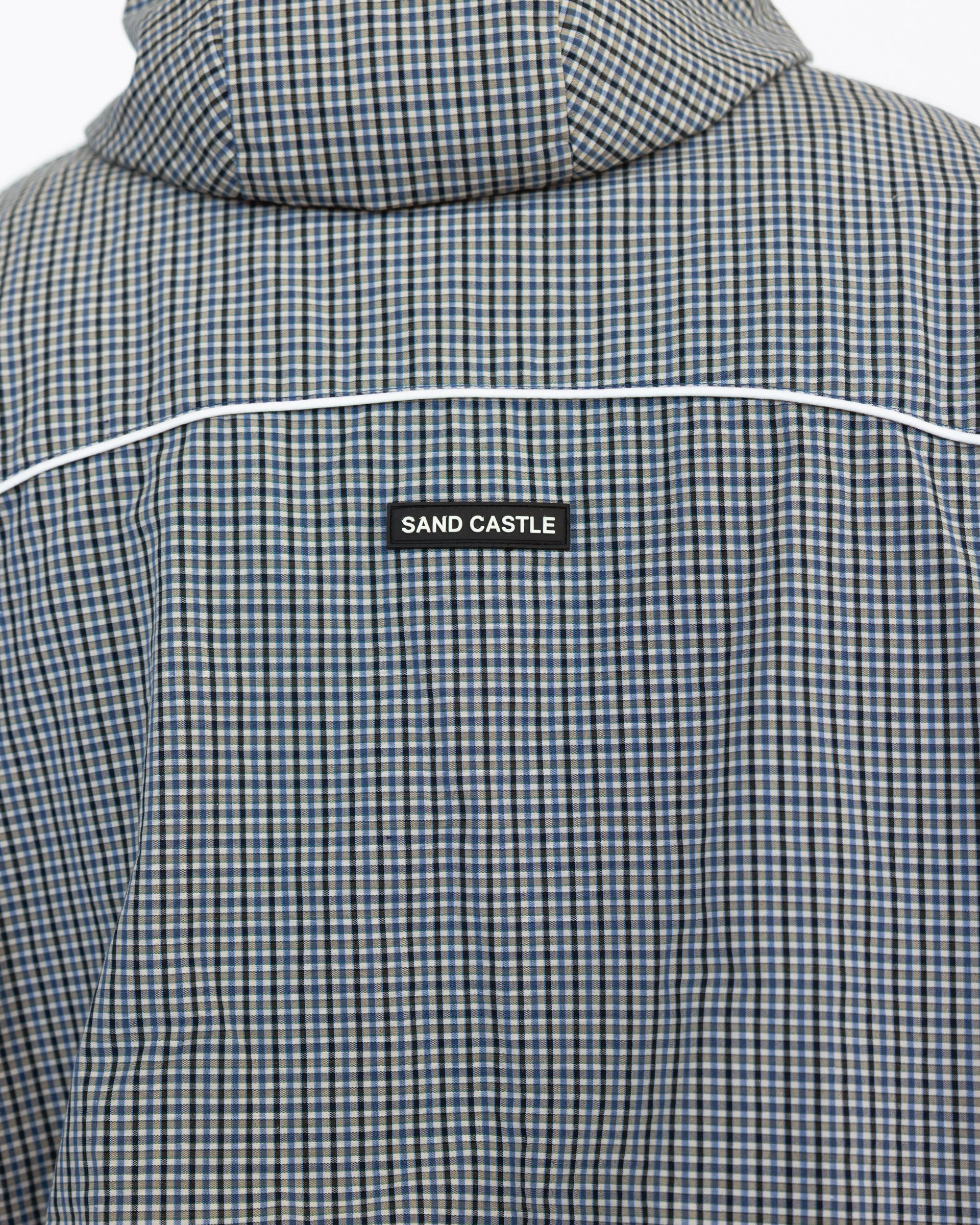 Weekday Plaid Jacket in Sky Plaid, back detail close-up — Sand Castle Atelier