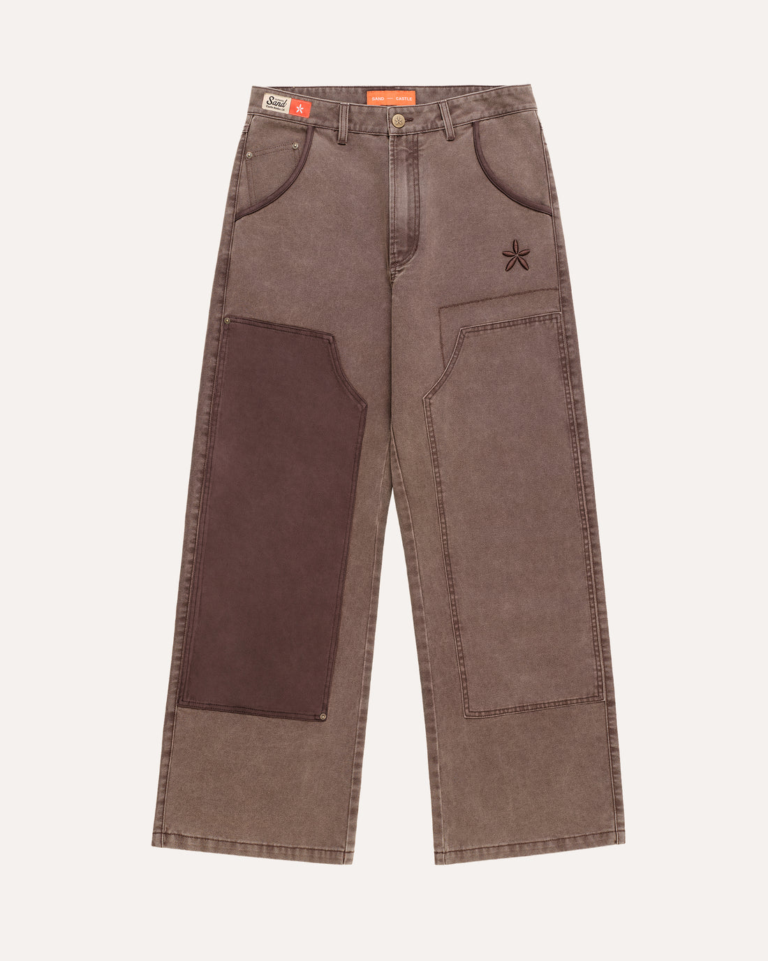 Suede Double Knee Pants in brown, front view — Sand Castle Atelier