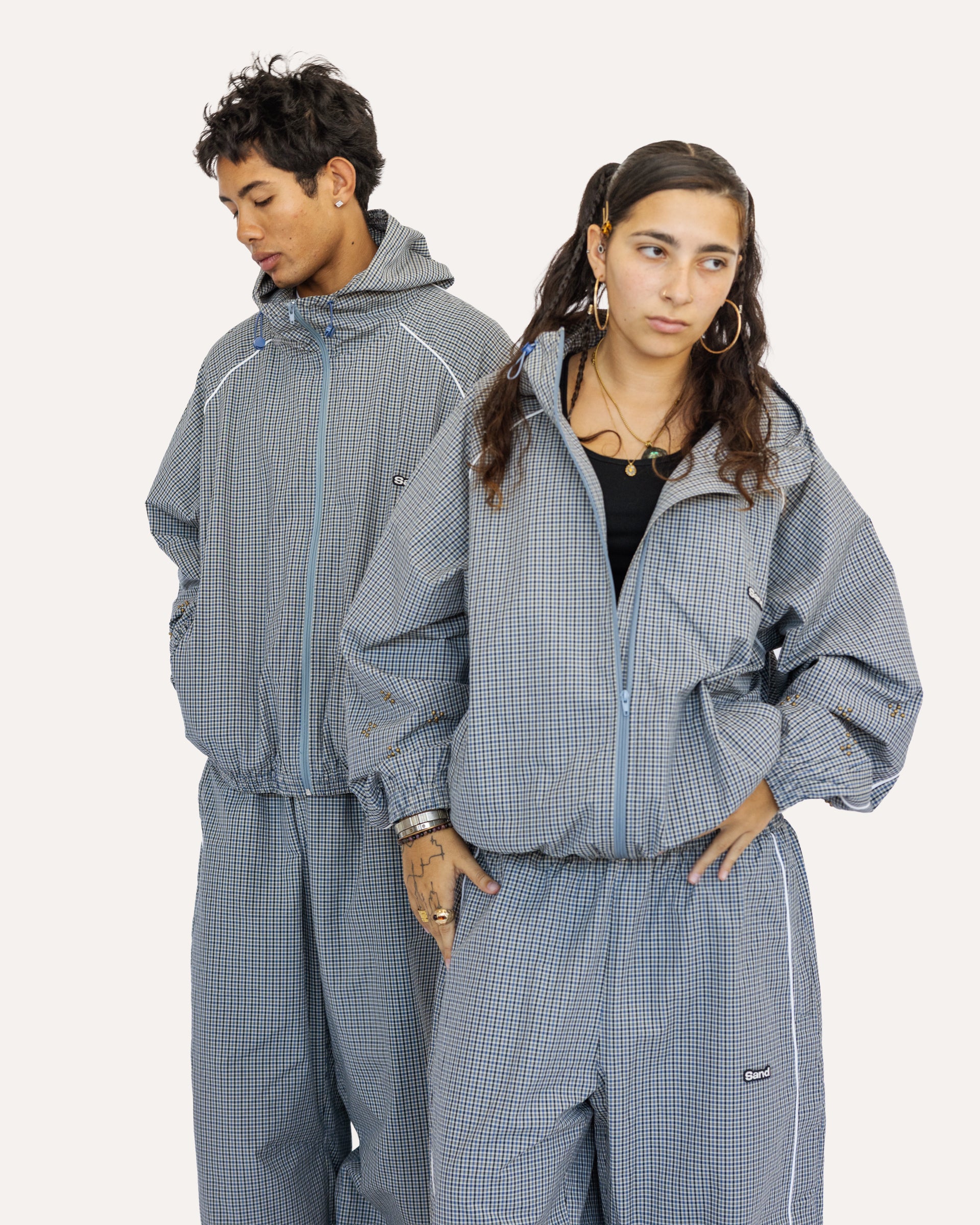 Weekday Plaid Jacket and Pants set in Sky Plaid, worn by model — Sand Castle Atelier