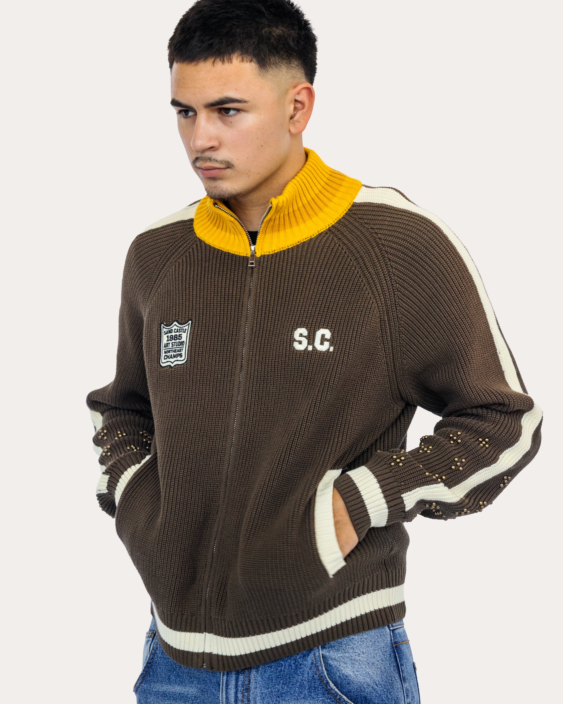 Coach Knit Sweater in Bark, unzipped front view on model — Sand Castle Atelier