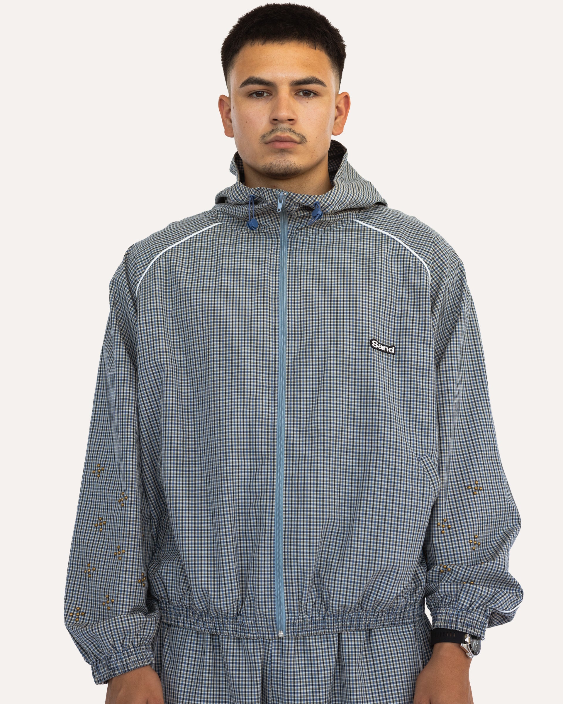 Weekday Plaid Jacket in Sky Plaid, front view on model — Sand Castle Atelier