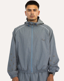Weekday Plaid Jacket in Sky Plaid, front view on model — Sand Castle Atelier
