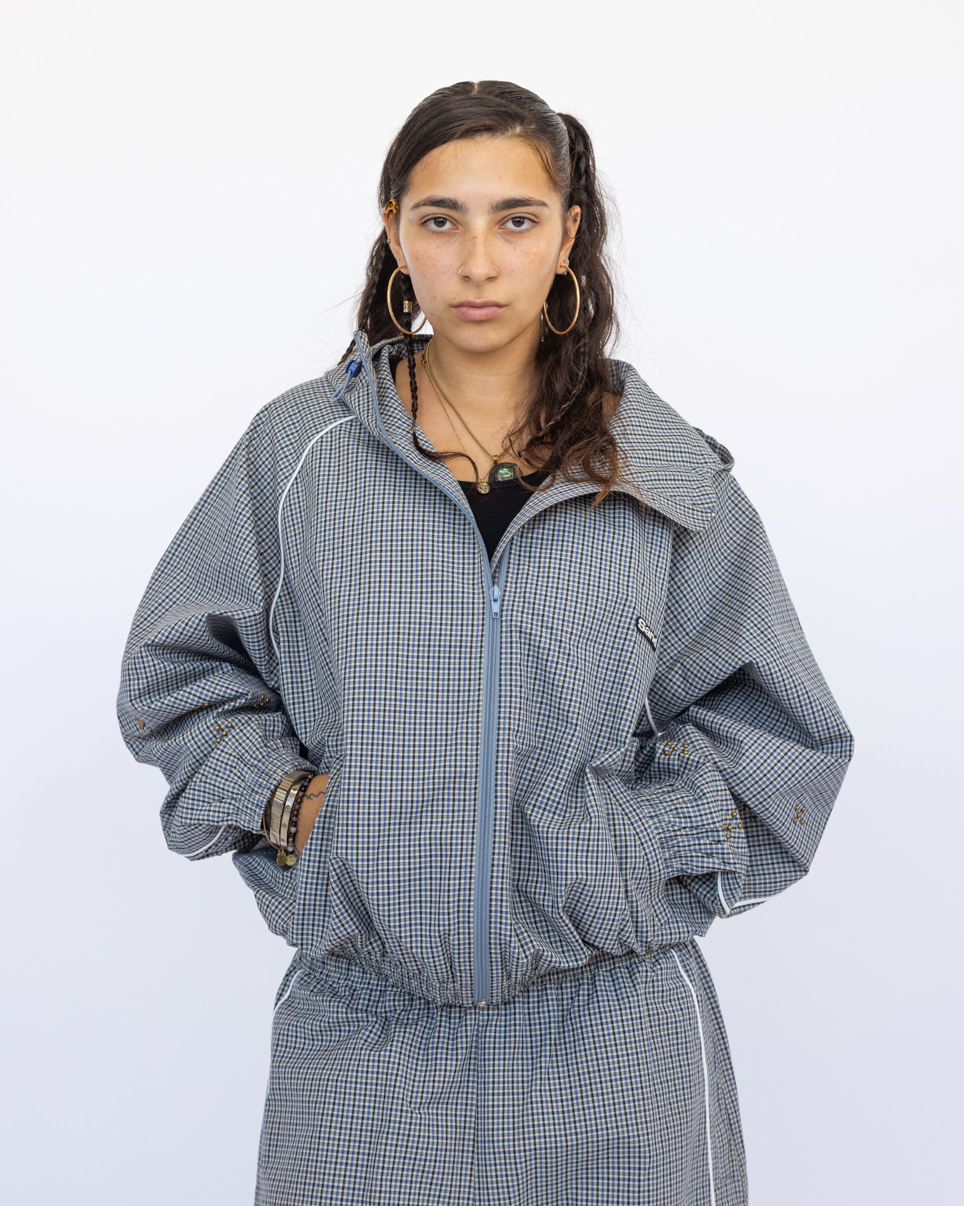 Weekday Plaid Jacket in Sky Plaid, worn by model — Sand Castle Atelier