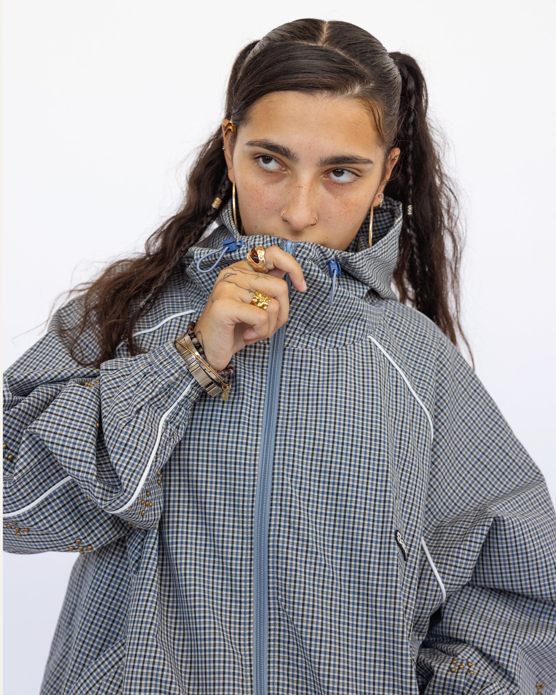 Weekday Plaid Jacket in Sky Plaid, close-up detail on model — Sand Castle Atelier