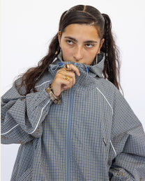 Weekday Plaid Jacket in Sky Plaid, close-up detail on model — Sand Castle Atelier
