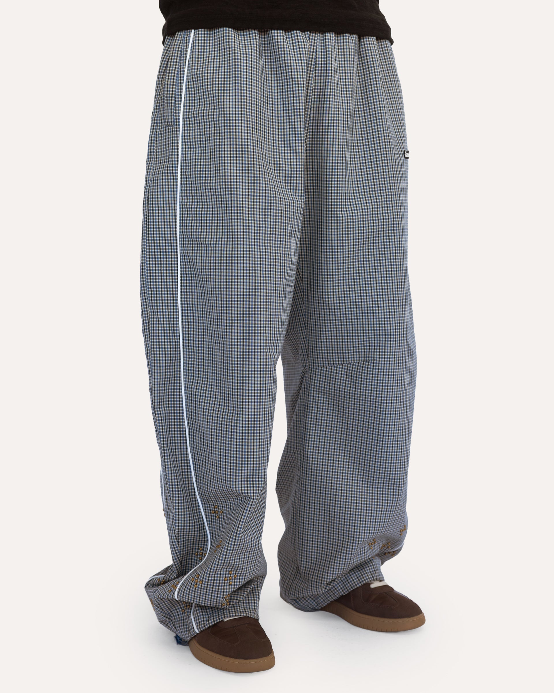 Weekday Plaid Pants in Sky Plaid, side view — Sand Castle Atelier