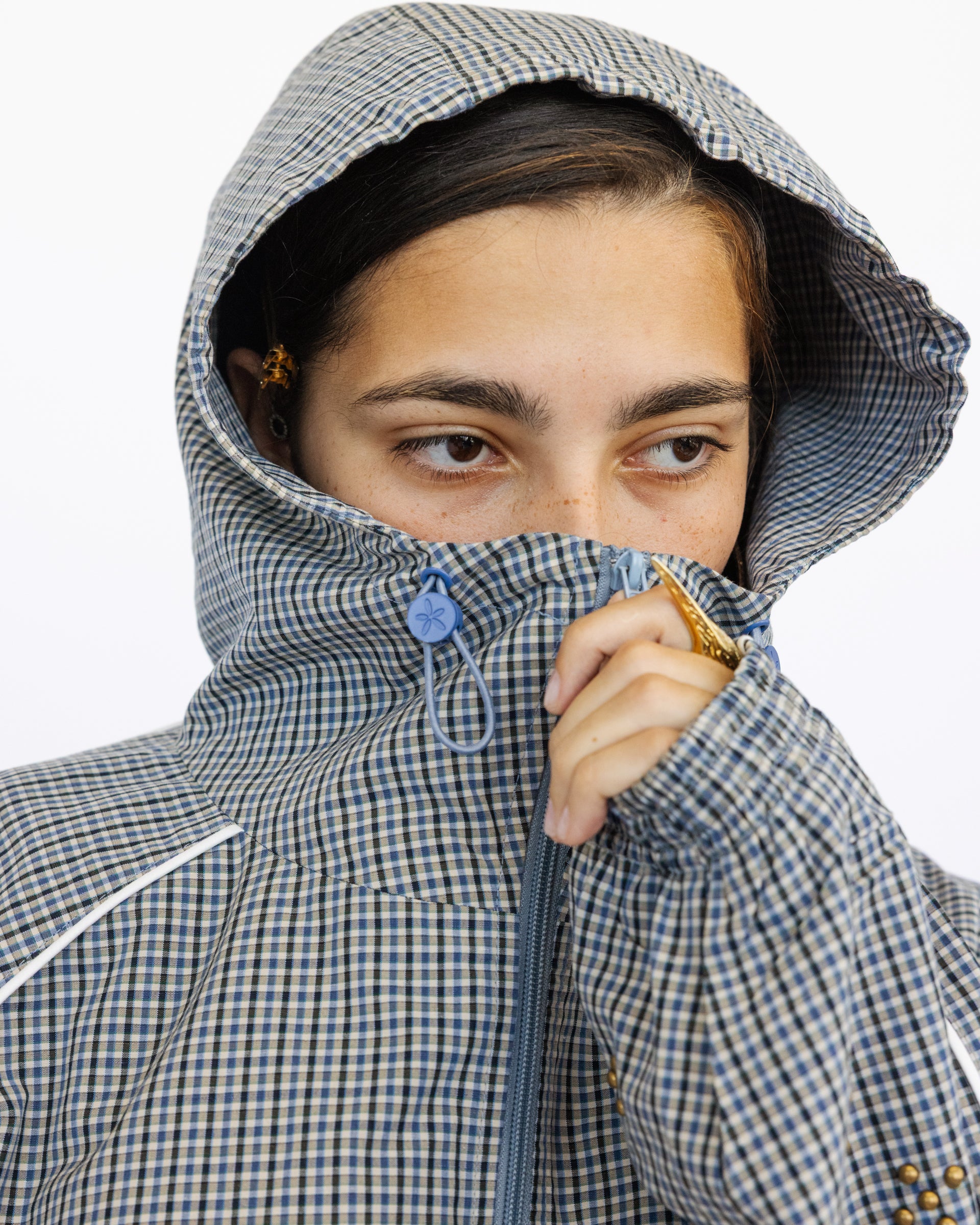 Weekday Plaid Jacket in Sky Plaid, close-up detail on model — Sand Castle Atelier