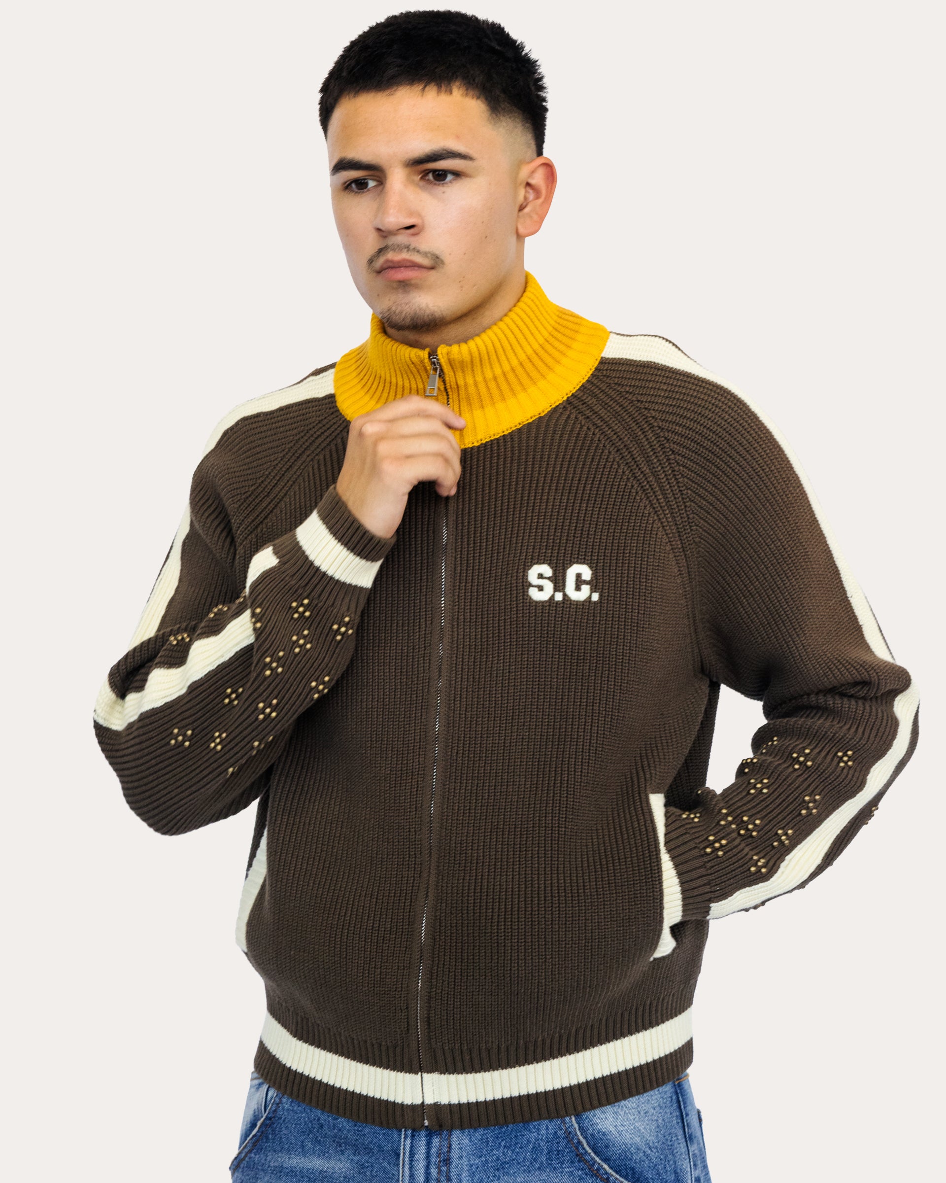 Coach Knit Sweater in Bark, zipped front view on model — Sand Castle Atelier